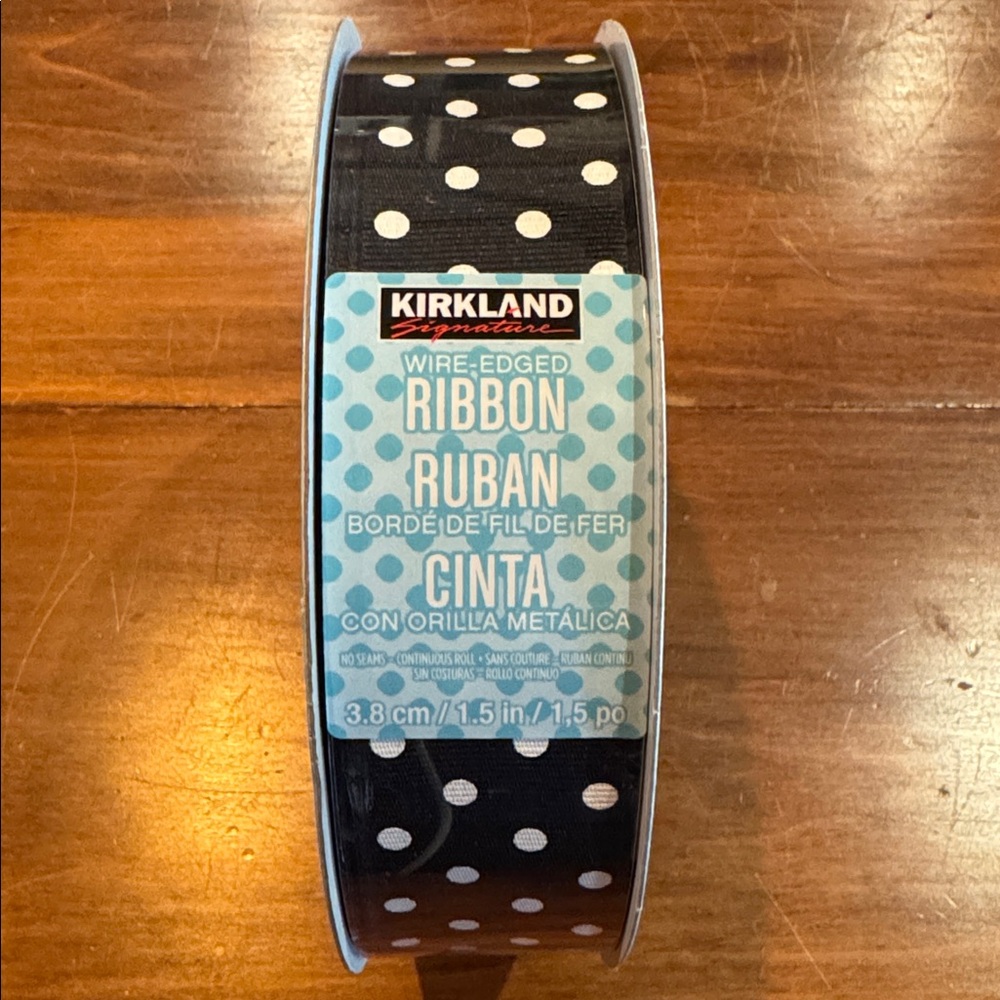 NEW Sealed Kirkland Signature Wired Black White Polka Dot Grosgrain 50 yds 1.5”